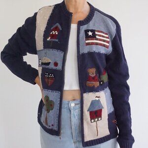 Vintage Croft & Barrow Navy Patchwork Teddy Bear Birdhouse Zip Cardigan M